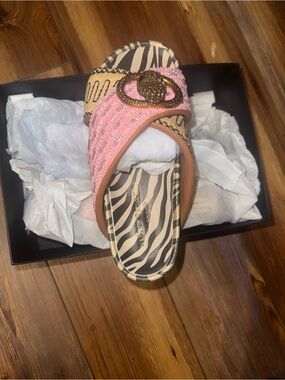 Kurt Geiger Pink Braided Slide Sandal with Gold Emblem